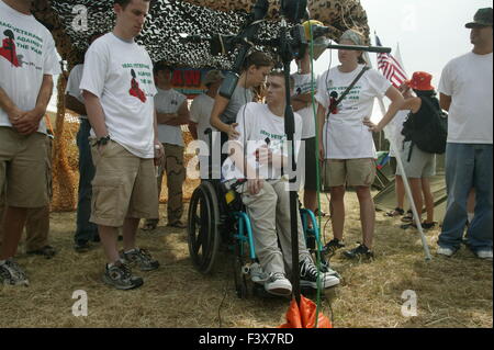 Tomas Young, who was injured on the same day as Casey Sheehan was killed, during a press conference with members of Iraq Veterans Against the War. Stock Photo