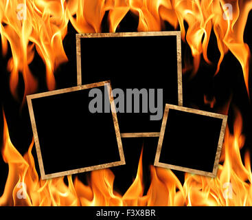 Old frames with fire flames background Stock Photo