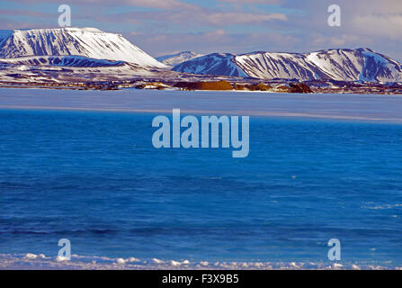 View over the partly frozen Myvatn Stock Photo