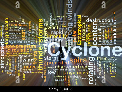 Background concept wordcloud illustration of cyclone glowing light Stock Photo