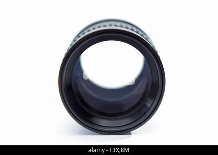 Lens with an adapter and a protective cover on a white background. Stock Photo