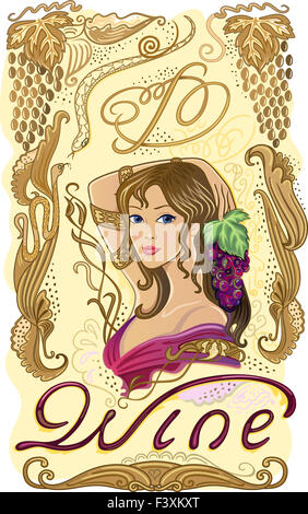 Decorated wine label with grapes and girl Stock Photo