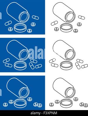 Vector images of pills or tablets with an open container Stock Vector