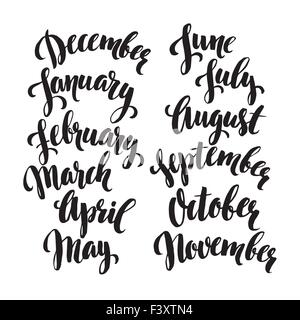 Handwritten months of the year. December, January, February, March, April, May, June, July, August, September, October, November. Stock Vector