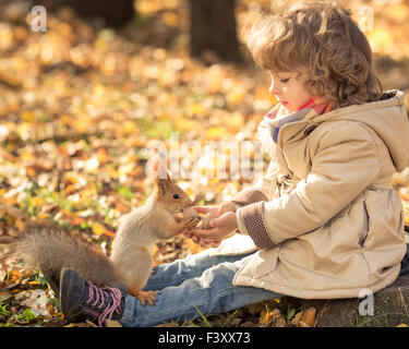 Child feeds a little squirrel Stock Photo