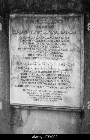 A marble plaque for information and dedication for Protestant Latrobe family in the St. Louis Cemetery No. 1 in New Orleans, LA Stock Photo