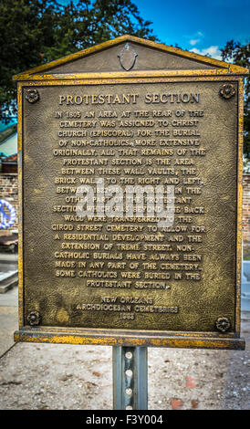 A bronze plaque for information and dedication for Protestant Section in the St. Louis Cemetery No. 1 in New Orleans, LA Stock Photo