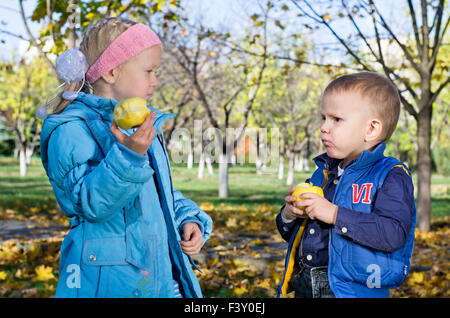Children enjoying eating fresh apples Stock Photo