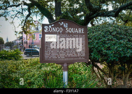 The historical Congo Square's sign post in Louis Armstrong Park in the Treme neighborhood of New Orleans LA, USA Stock Photo