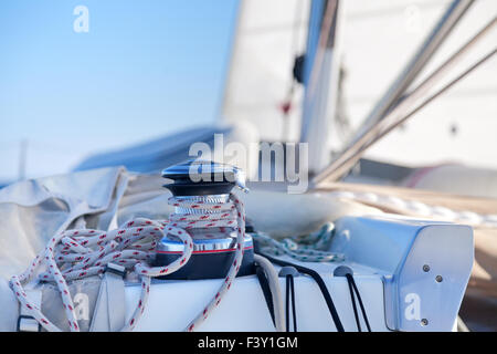 Winch with rope on sailing boat Stock Photo