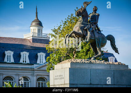 An equestrian statue of General Andrew Jackson before the Louisiana State Museum, French Quarter, Jackson Square, New Orleans LA Stock Photo