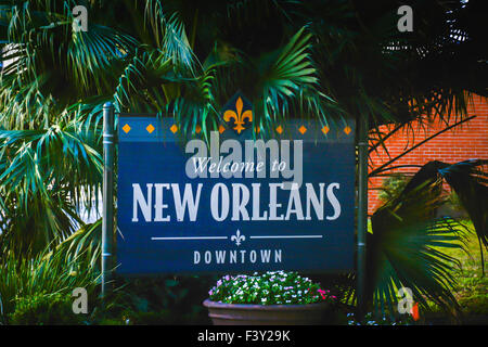 An attractive welcome sign with Fleur-de-lis for Downtown New Orleans, LA,  surrounded by lovely green palm trees and plants Stock Photo