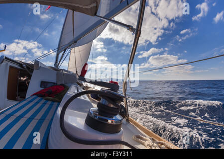 Winch with rope on sailing boat Stock Photo