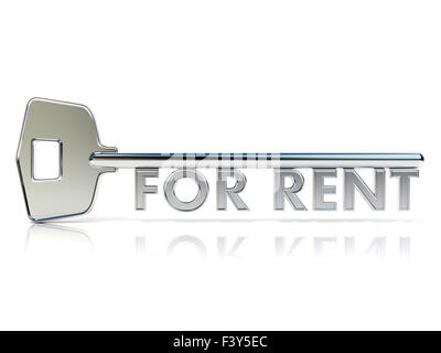 Door key FOR RENT sign. 3D render illustration isolated on white background Stock Photo