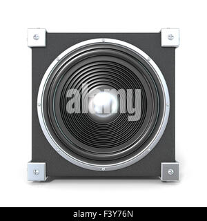 Black audio speaker. 3D render illustration isolated on white background. Front view. Stock Photo