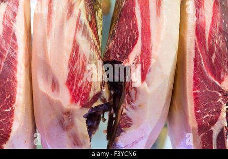 Ham, Prosciutto at Meat Market, Barcelona Stock Photo