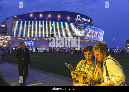 Visitors in front of O2 World, Berlin Stock Photo