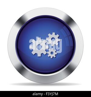 Blue glossy steel gears button Stock Vector