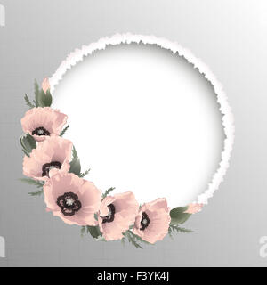 Pink poppies floral round frame, vector Stock Photo