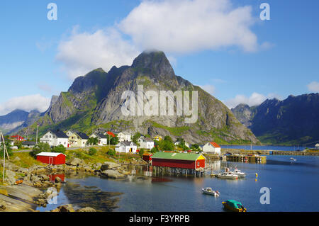 view over the fishing villlage of Hamnoy Stock Photo