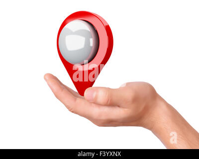 map pointer in the hand on white background Stock Photo