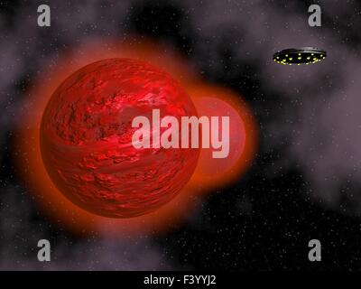 Spaceship and red planet - 3D render Stock Photo