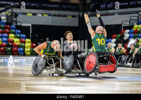 Australia beat Japan 65-62 at World Wheelchair Rugby Challanege at Coperbox, Queen Elizabeth Park, London, UK.  13th October, 2015. copyright carol moir/Alamy live news. Stock Photo