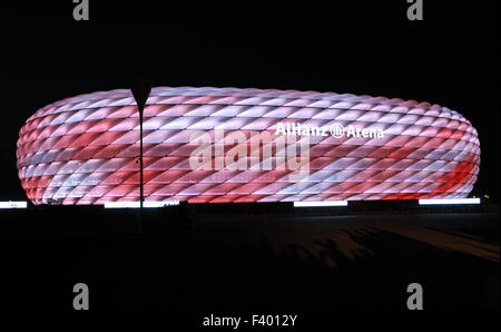 New LED light illumination for the Allianz Arena stadium for FC Bayern Munich  Where: Munich, Bayern, Germany When: 12 Aug 2015 Stock Photo