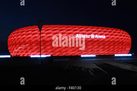 New LED light illumination for the Allianz Arena stadium for FC Bayern Munich  Where: Munich, Bayern, Germany When: 12 Aug 2015 Stock Photo