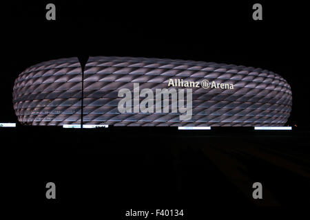 New LED light illumination for the Allianz Arena stadium for FC Bayern Munich  Where: Munich, Bayern, Germany When: 12 Aug 2015 Stock Photo