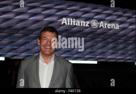 New LED light illumination for the Allianz Arena stadium for FC Bayern Munich  Featuring: Andreas JUNG Where: Munich, Bayern, Germany When: 12 Aug 2015 Stock Photo