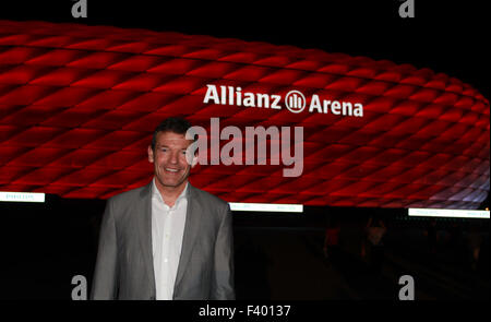 New LED light illumination for the Allianz Arena stadium for FC Bayern Munich  Featuring: Andreas JUNG Where: Munich, Bayern, Germany When: 12 Aug 2015 Stock Photo