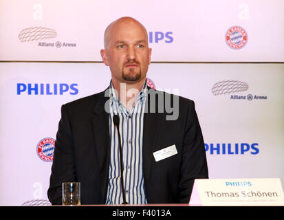 New LED light illumination for the Allianz Arena stadium for FC Bayern Munich  Featuring: Thomas SCHOENEN, Schönen Where: Munich, Bayern, Germany When: 12 Aug 2015 Stock Photo