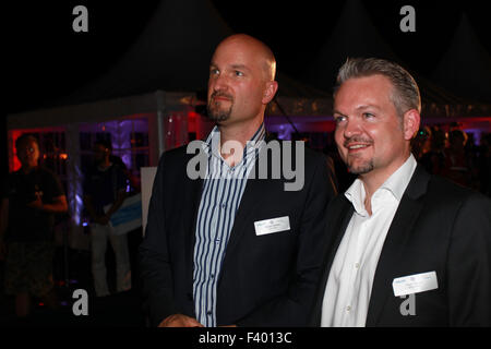 New LED light illumination for the Allianz Arena stadium for FC Bayern Munich  Featuring: Thomas SCHOENEN, Schönen, Roger KARNER Where: Munich, Bayern, Germany When: 12 Aug 2015 Stock Photo