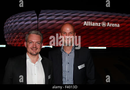 New LED light illumination for the Allianz Arena stadium for FC Bayern Munich  Featuring: Thomas SCHOENEN, Schönen, Roger KARNER Where: Munich, Bayern, Germany When: 12 Aug 2015 Stock Photo