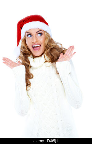 Surprised Pretty White Woman in Santa Hat Stock Photo