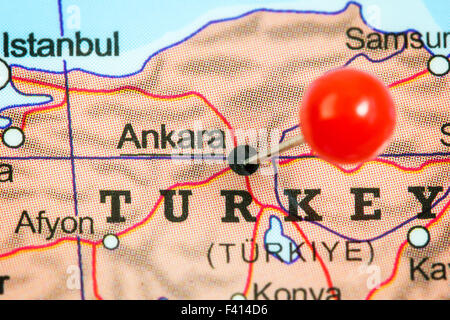 Close-up of a red pushpin in a map of Ankara, Turkey. Stock Photo