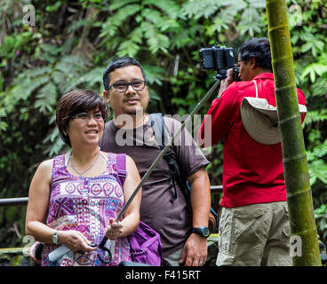 Tourists taking selfie photographs, Hawai'i Tropical Botanical Garden Nature Preserve; Big Island, Hawaii, USA Stock Photo