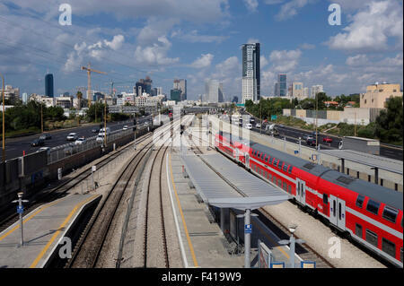 A double Deck train of Israel railway in HaHagana train station in Tel Aviv Israel Stock Photo