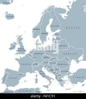 Europe countries political map with national borders and country names. English labeling and scaling. Illustration on white. Stock Photo