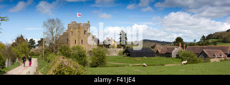 UK, England, Shropshire, Craven Arms, Stokesay Castle South Tower and farm, panoramic