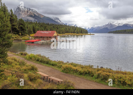 View on Maligne Lake and the boathouse with its red roof in Jasper National Park, Rocky Mountains, Alberta, Canada. View on Maligne Lake and the boathouse with its red roof in Jasper National Park, Rocky Mountains, Alberta, Canada.