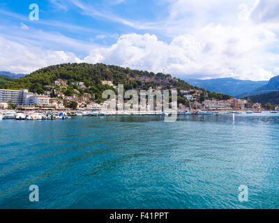 View of Port de Soller marina, Soller, Mallorca, Balearic Islands, Spain Stock Photo