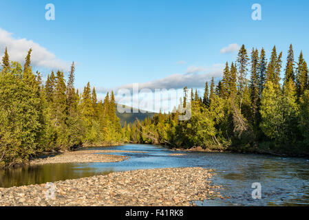 River landscape, Tarraätno river, Kvikkjokk, Laponia, Norrbotten, Lapland, Sweden Stock Photo