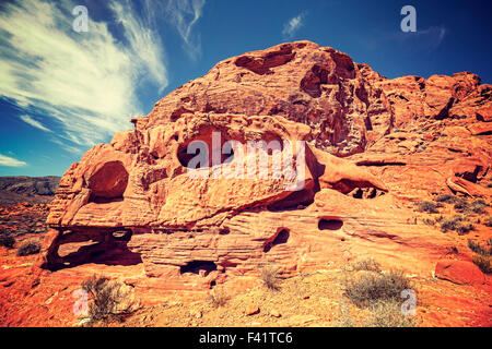 Vintage toned skull like rock formation, Valley of Fire State Park, USA. Stock Photo