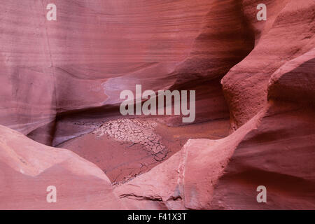 A dried up water hole with cracked mud in the smooth sandstone interior of Canyon X located in Page, AZ. Stock Photo
