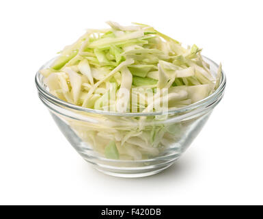 Glass bowl of fresh shredded cabbage isolated on white Stock Photo