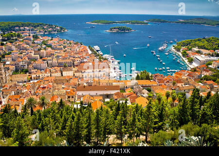 Aerial view of Hvar rooftops and harbor Stock Photo