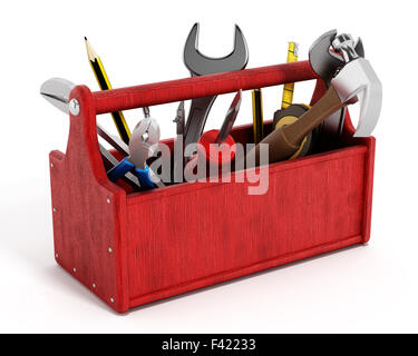 Red toolbox full of hand tools isolated on white background Stock Photo