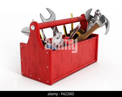 Red toolbox full of hand tools isolated on white background Stock Photo